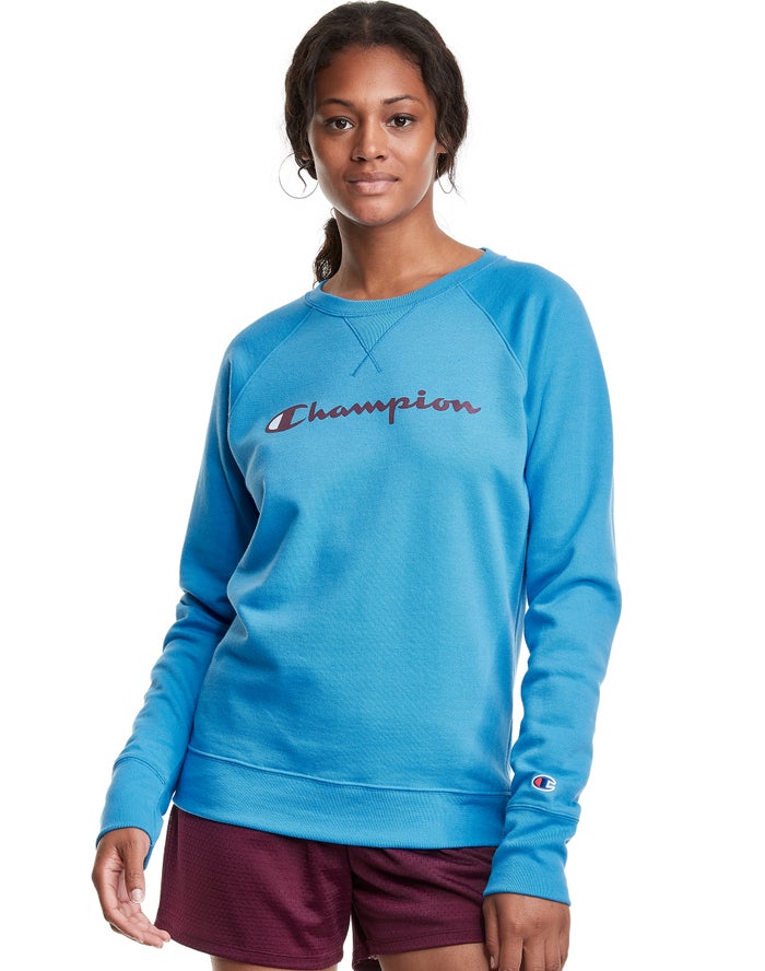 Hanorac Champion Powerblend Fleece Classic Crew Script Logo Dama Albastri - Romania LWDVMGB-93